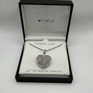 Macy’s 925 Sterling Silver 2CTW Diamond Heart Locket Pendant Necklace Boxed